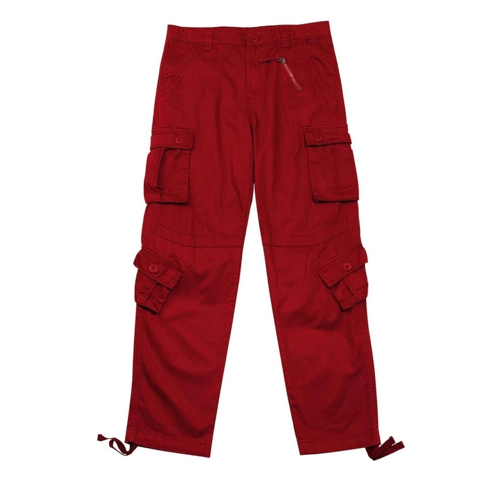 Utcoco Mens Red Multi Pocket Cargo Pants Cotton Straight Leg Drawstring Size 30